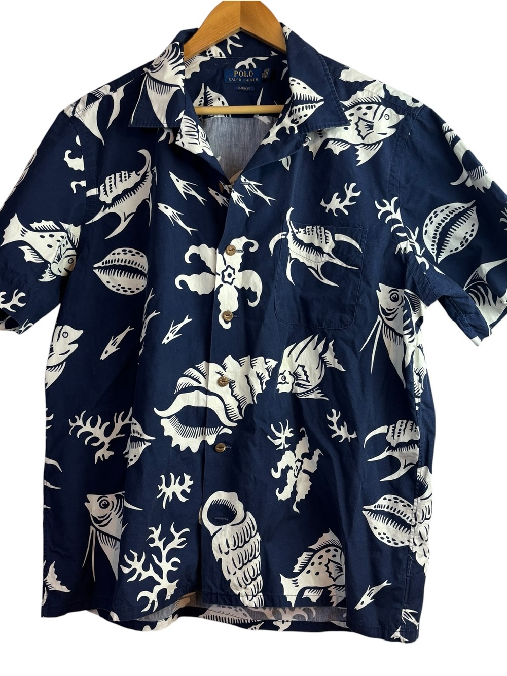 Polo Ralph Lauren Blue Camp Button Shirt Classic Fit 100% Cotton Fish Mens Sz XL